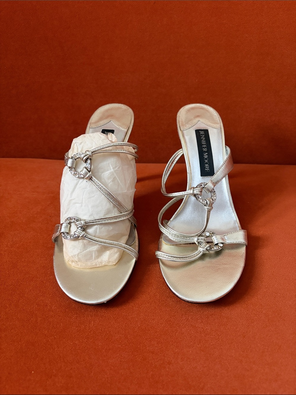 Jennifer Moore Metallic Silver Strappy Slide Mules with Ring Accents
